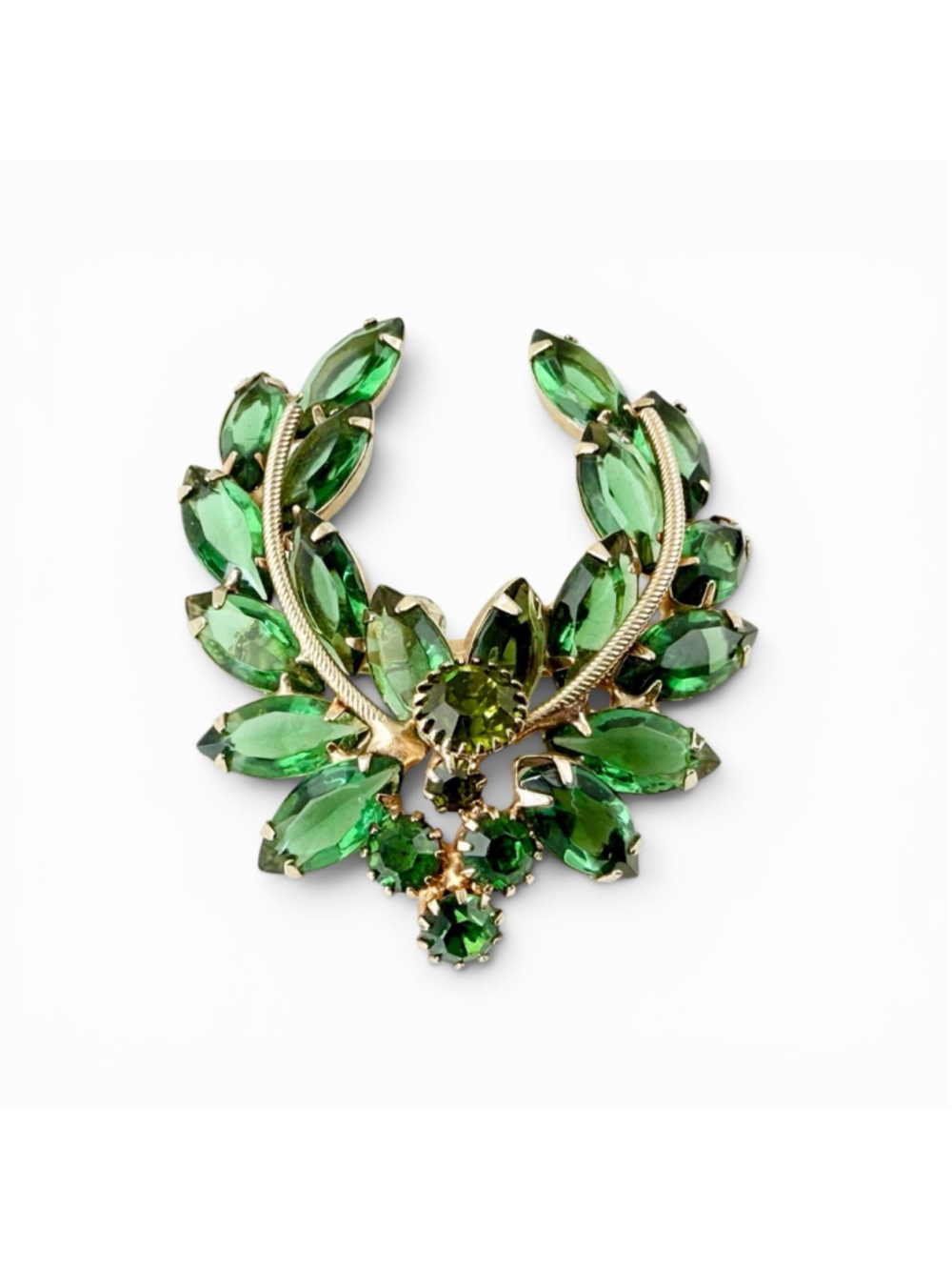 Vintage Juliana Style Green Rhinestone Brooch Large Wreath Navette Gold Tone